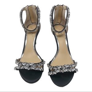 Jewel Badgley Mischka black satin jeweled heels